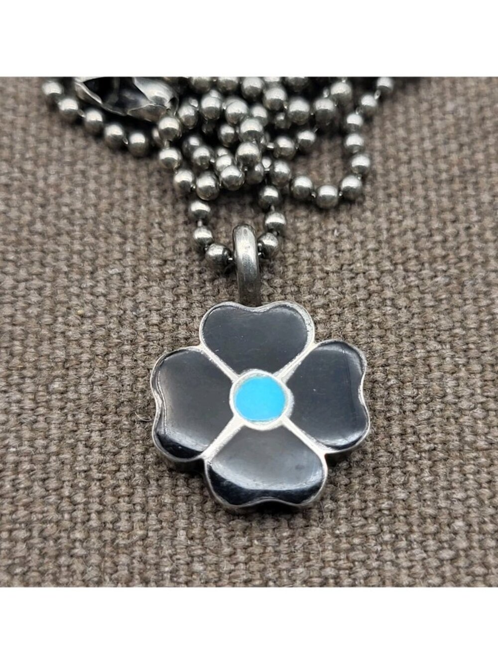 Stunning Sterling Silver Flower Pendant Necklace Navajo Artisan Onyx Turquoise